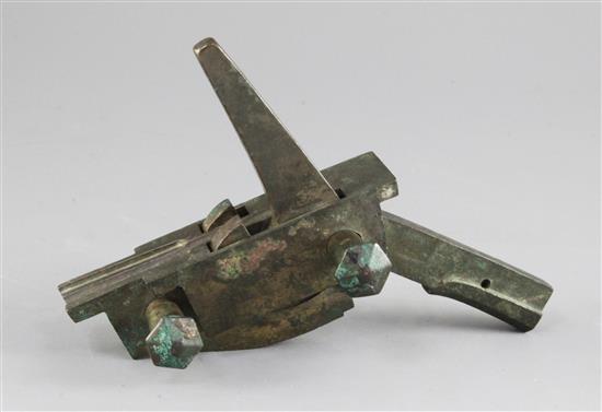 A Chinese bronze cross bow lock mechanism, probably Han dynasty, maximum dimension 19.5cm